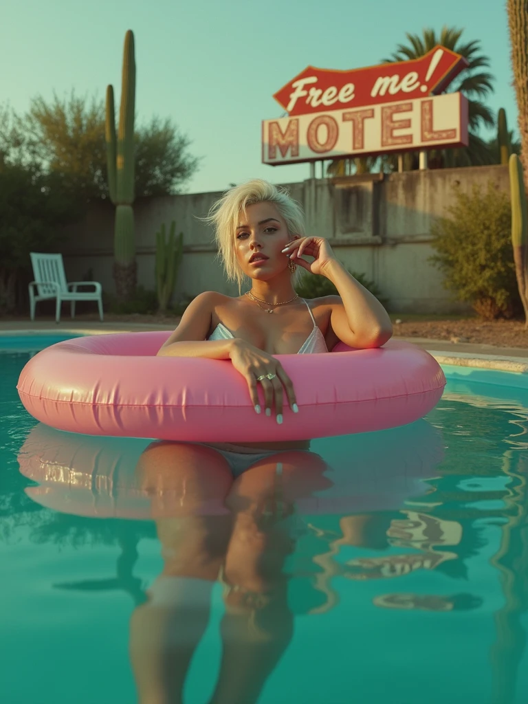 8k, raw documentary cinematic, dramatic Analog raw pro, A split-level, extreme close up portrait shot, captures a 24-year-old wet busty bimbo beauty with white punk hair, lounging on a pink pool float. Half-submerged lens reveals her ultra-slim deformed by water figure in a bikini, cigarette in hand. The dilapidated Mexican motel pool, surrounded by cacti, exudes eerie charm. A weathered sign pleads "Free me!" Golden hour light bathes the scene, highlighting hyper-realistic details: dust motel