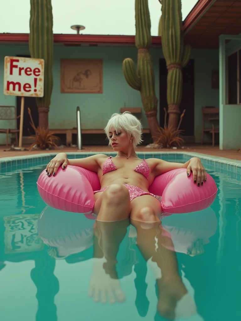 8k, raw documentary cinematic, dramatic Analog raw pro, A split-level shot captures a 24-year-old wet busty bimbo beauty with white punk hair, lounging on a pink pool float. Half-submerged lens reveals her ultra-slim deformed by water figure in a bikini, cigarette in hand. The dilapidated Mexican motel pool, surrounded by cacti, exudes eerie charm. A weathered sign pleads "Free me!" Golden hour light bathes the scene, highlighting hyper-realistic details: dust motel