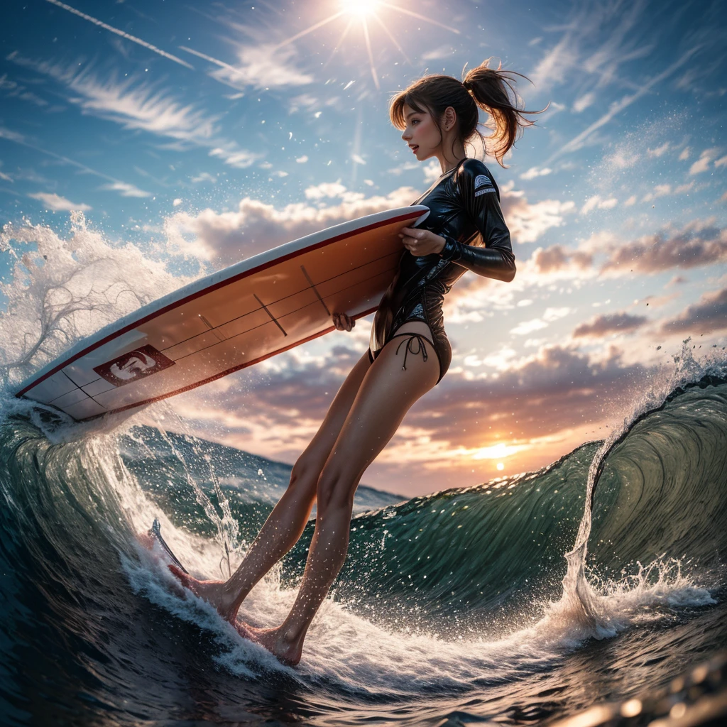 (Luminism:1.28), Side view, TopQuality 8K Masterpiece (ProfessionalPHOTO:1.37) (Extremely Detailed (Girl Riding on a Life Size surfboard)), Colorful morning Glory Rays, (There is Only one surfboard under her foot:1.32) Sparkling Water Splashing Water Particles, Glowing Wet Ponytail, Hourglass body type, Dynamic motion blur, {Perfect Hand|Perfect Limbs}, (Surfing Photos:1.4), (((nothing holding)empty handed fist))