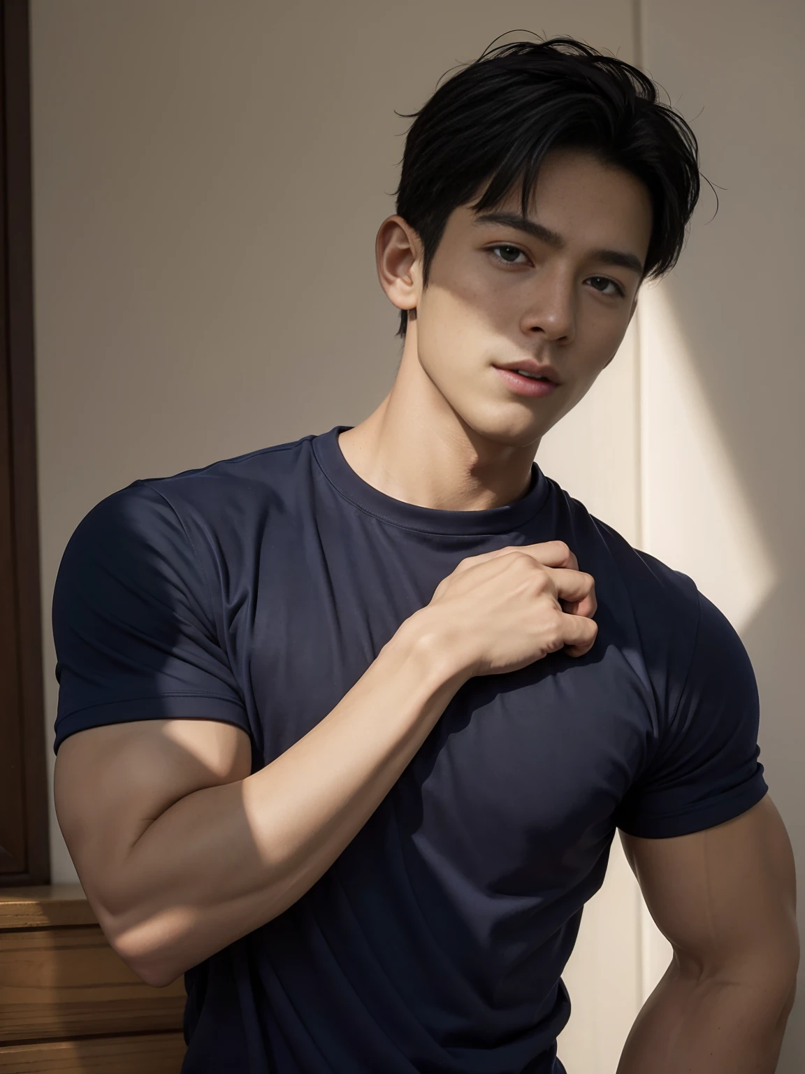 (Create a masterpiece: 1.2),(CGI art:1.3),(realistic:1.5),(After processing:1.3), (Sharp focus:1.3), 1 man, open mouth, smile, (Navy blue round neck t-shirt:1.3), Navy cargo pants, Korean guy , korean men, (High gloss details), chest muscles, large arm muscles, blood vessel, Big muscles, Broad shoulders, looking at the audience, Balancing the eyes, bedroom, Close your eyes.,(open mouth:1.1)