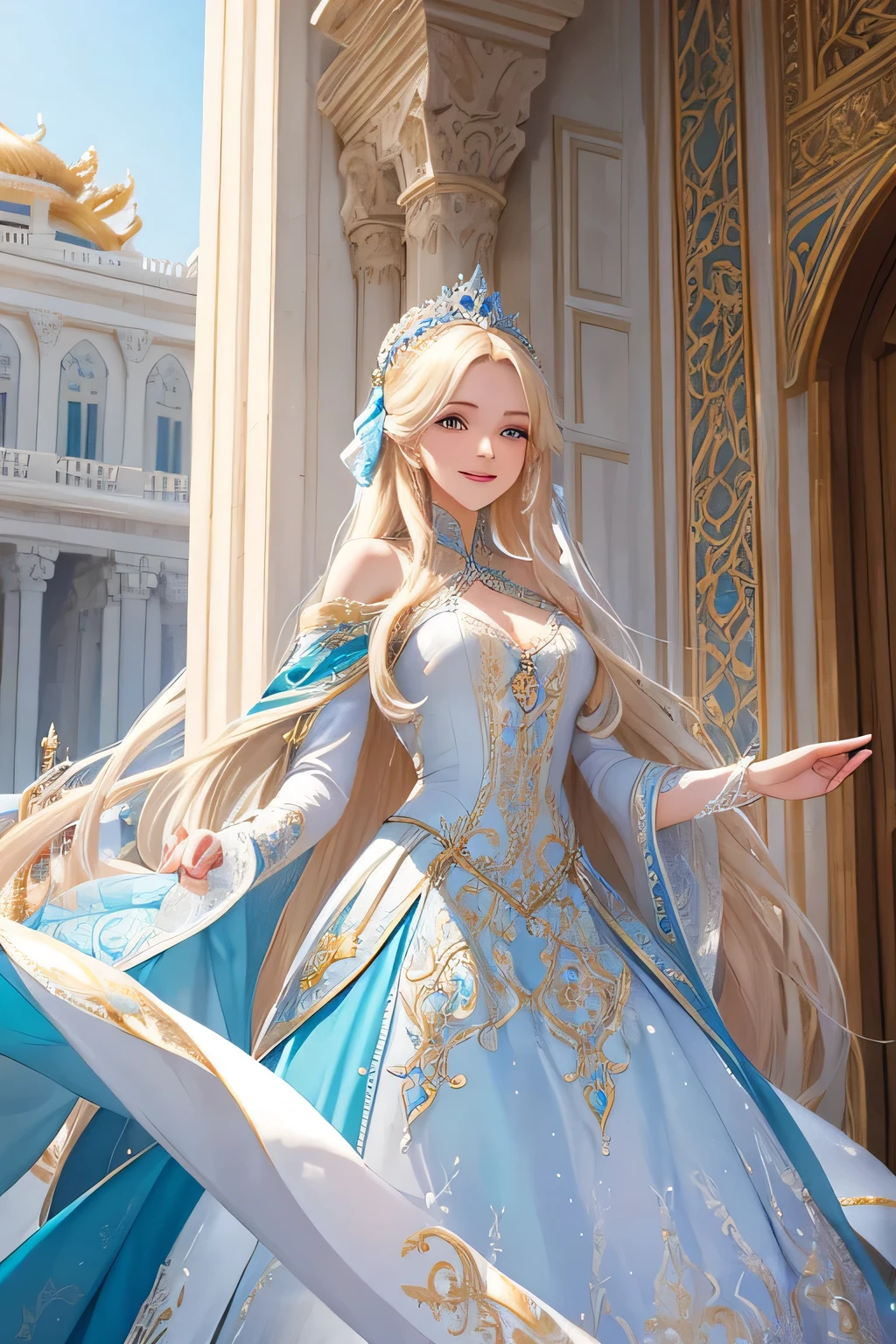 A beautiful white princess with long blonde hair, wearing a flowing blue gown with intricate silver embroidery, stands on a grand palace balcony. She smiles warmly and waves to the cheering crowd below. The sunlight shines brightly, reflecting off her golden hair and the silver details of her gown. Behind her, the palace's elegant architecture and lush gardens are visible,(((Upper body)))