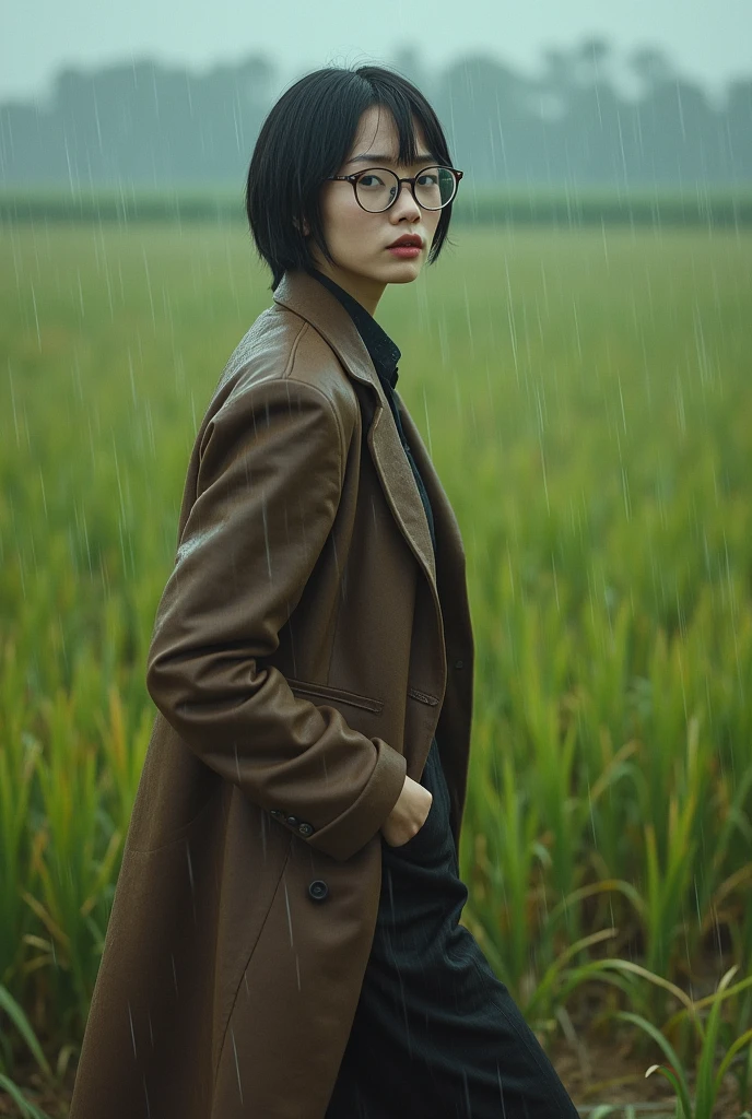 (photorealistic) realistic image of a (Asian woman), (slim build), (short hair), (white skin), (dark eyes), wearing a (brown suit) and (vintage coat), walking in heavy rain with a (serious face), (wearing glasses), capturing a (Kodak color film look), featuring a (grainy texture), surrounded by a picturesque (wide rice field) under dramatic weather, atmospheric, vivid colors, natural lighting, emotionally charged ambiance.
