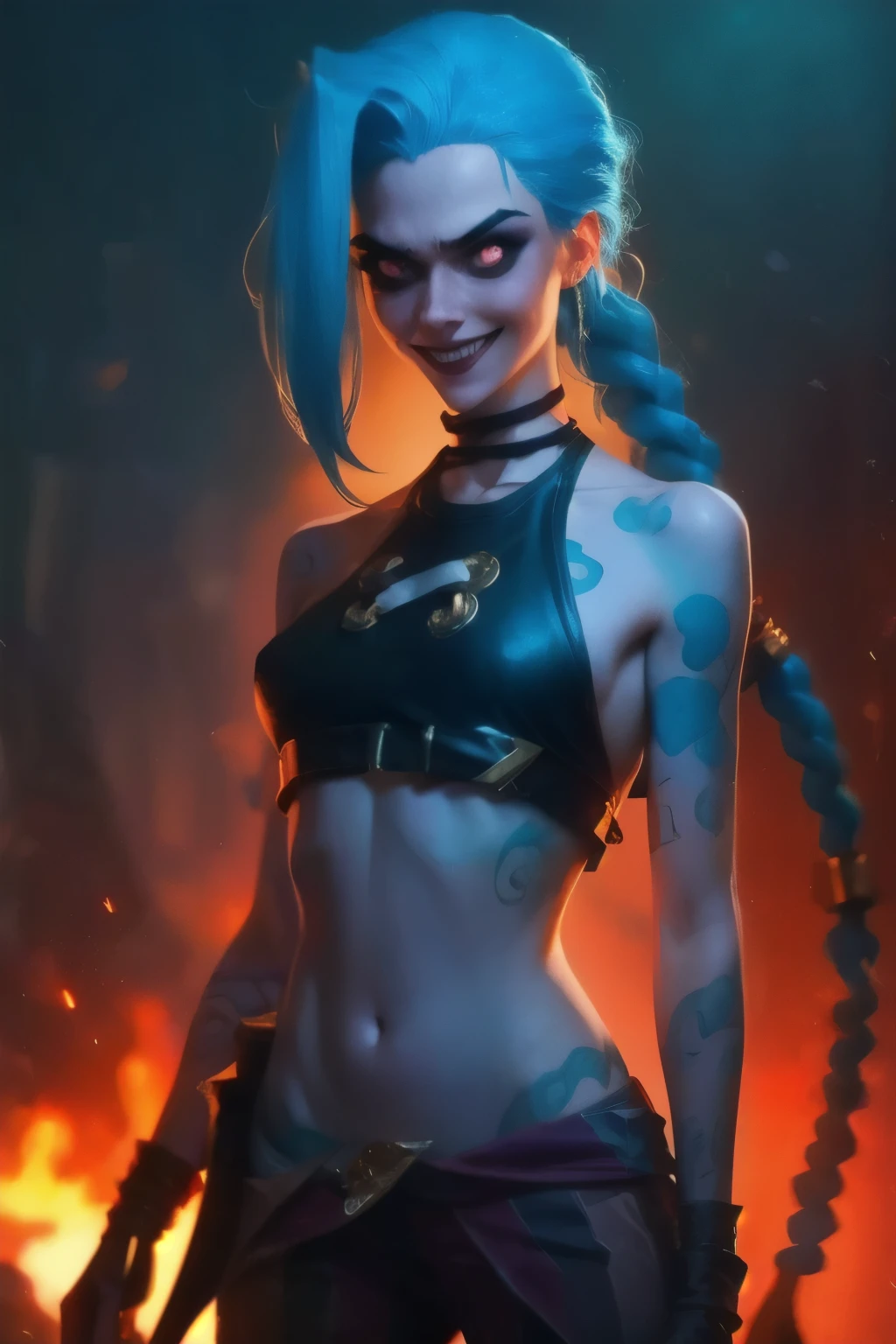 Hyper realistic super detailed Jinx cosplay , ((Young girl, )), Very detailed, (hyper realistic: 1.4), in dynamic pose, (((psycho face, creppy smiling))), twin braids, long hair, blue hair, red eyes, tattooed, ((skinny Body)), ((angry face)), arcane style. ((Cinematic Explosion background, cinematic lighting)).