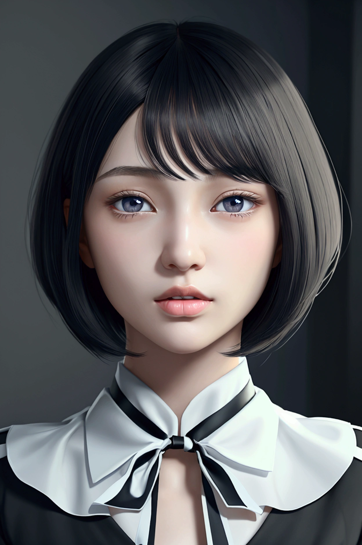 neat girl is beautiful japanese female and beautiful russian female mixed race only in the face age is 17 features of the whole body black hair medium straight bob cut hair style beautiful small face with short eyelashes boyish eyes only high nose dark blue pupils very thin upper lip milky white skin accurate attractive body shape beautiful bust waist hip s thighs knees legs choker and tie on neck shirt with collar
