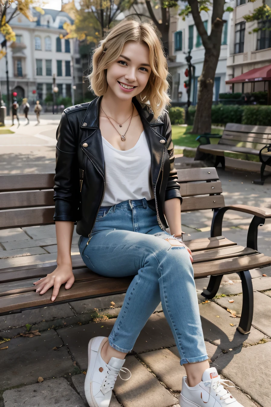 High resolution, 8k wallpaper, Beautiful Caucasian Woman、Full body photo、,Leather jacket sitting on a park bench、shirt、Skinny jeans、sneakers、、Necklace around the neck、 blonde 、short hair、Wavy Hair、ear piercing、smile、Beautiful teeth alignment、