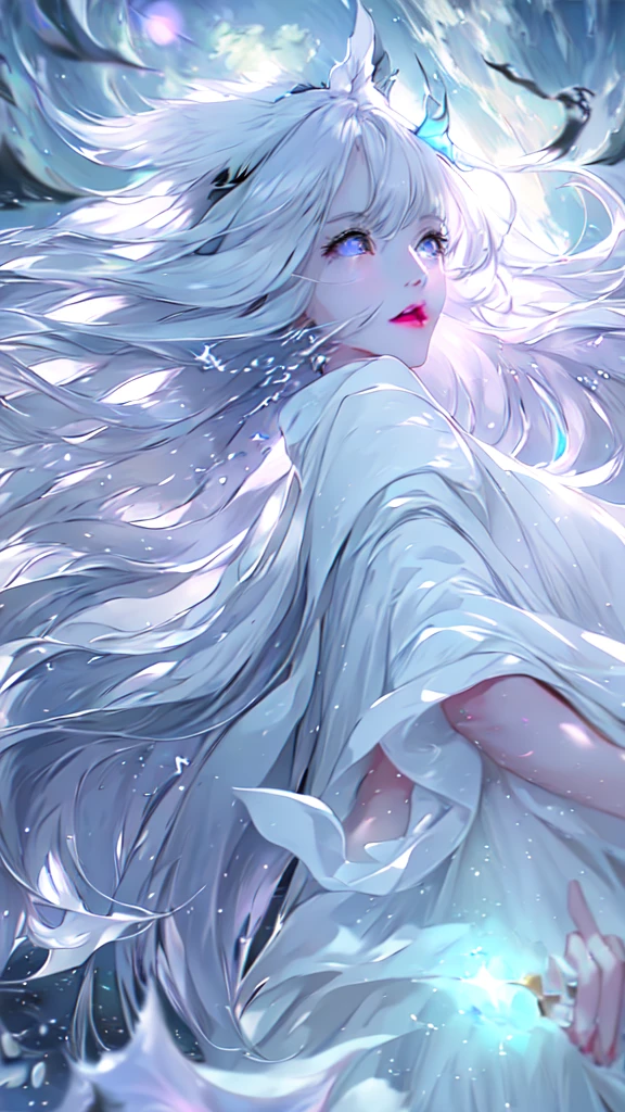 masterpiece, Highest quality, Movie stills, One Girl, Zazen、meditation、Floating in the sky, cloud girl, cloud, (close:1.1), , Soft lighting, Volumetric lighting, Sparkling, Sparkling, Swirl, Abstract, Expressive、Long Hair, White Hair、Close ~ eyes、Lens flare, moonlight,dragon、Sparkling、Chakra