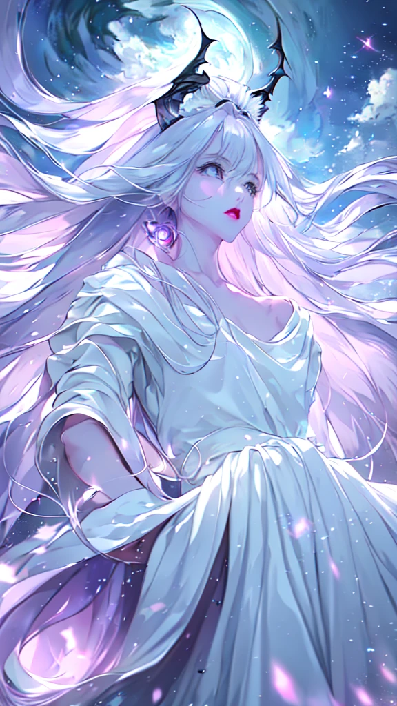 masterpiece, Highest quality, Movie stills, One Girl, Zazen、meditation、Floating in the sky, cloud girl, cloud, (close:1.1), , Soft lighting, Volumetric lighting, Sparkling, Sparkling, Swirl, Abstract, Expressive、Long Hair, White Hair、Close ~ eyes、Lens flare, moonlight,dragon、Sparkling、Chakra