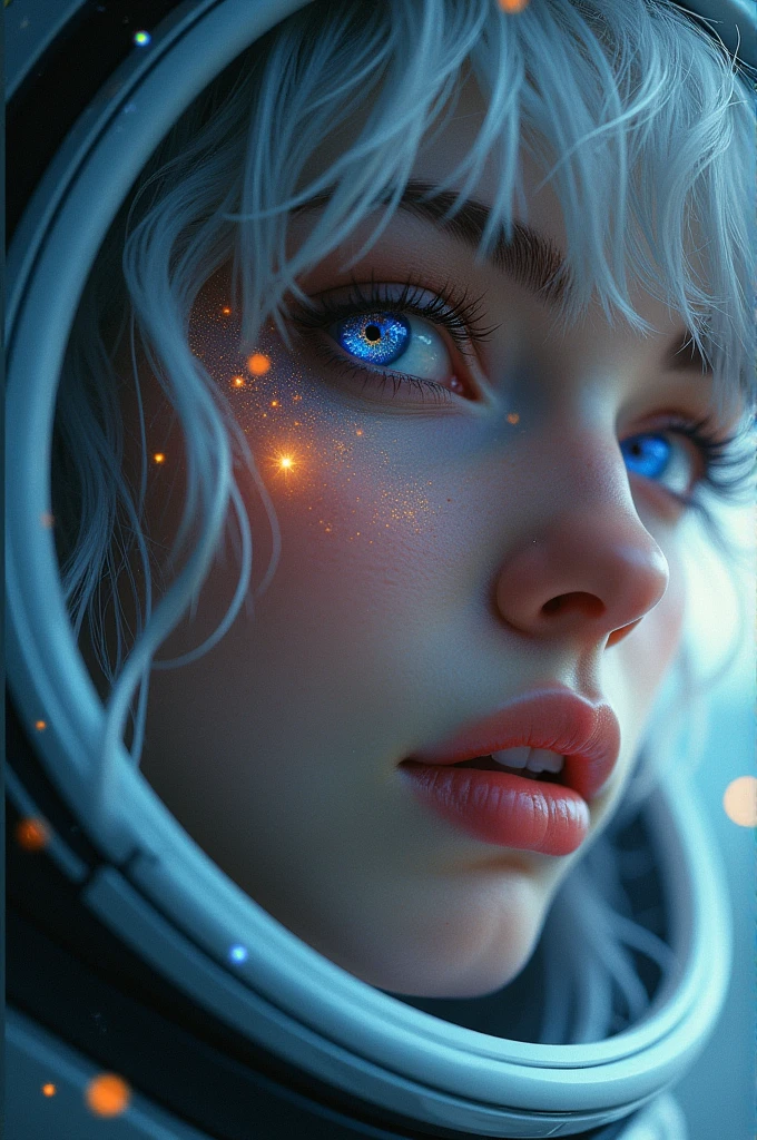 (Close-up of a better masterpiece:1.5)0.9], (Space and astronauts:1.2) (Messy silver hair:1.1) (Heterochromia xanthochromia and blue eyes:1.2) (Space Helmet:1.0) (Colored stars in the eyes:1.0) (A radiant glow:1.1) (thick lips:0.9)