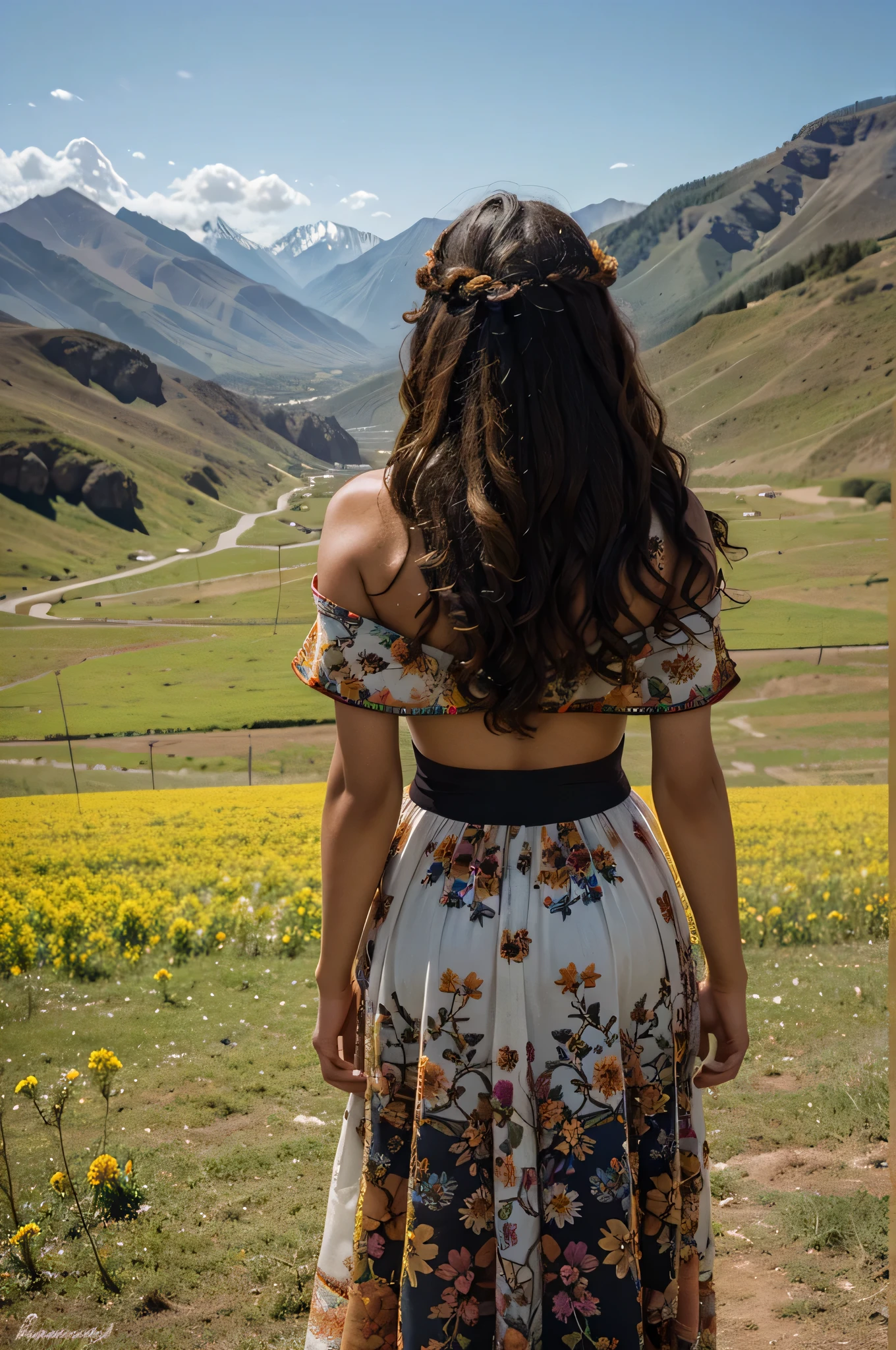 A beautifull woman, curly hair, distracted, skin black, long colorful dress, sprinting em um campo de flores, sprinting, back view, mountains in the background, distant room, cinematographic, Stunning visual masterpiece, Double exposure, 8k, photorrealistic, strong outlines, Cinematic scene, native indian clothing , orange light, natural gesture, Beauty Face, nature background, High Details, crazy details, complex details, hyperdetailed