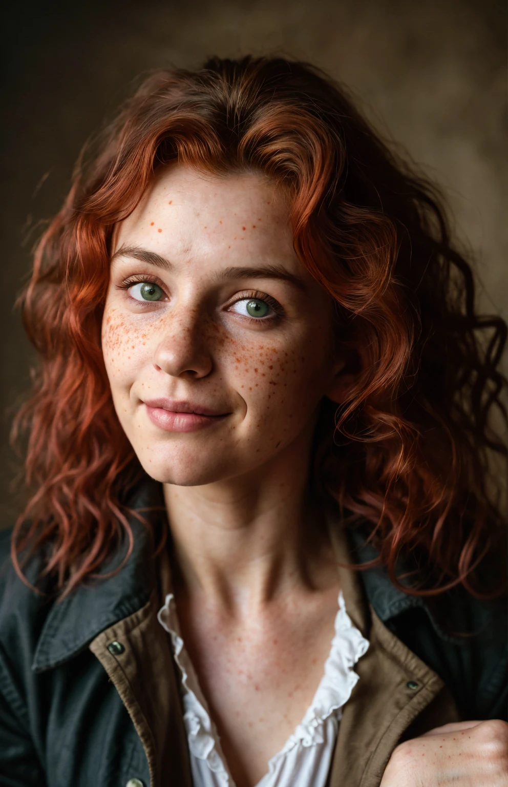 (close-up, editorial photograph of a 21 year old woman), (highly detailed face:1.4) (smile:0.7) (background inside dark, moody, private study:1.3) POV, by lee jeffries, nikon d850, film stock photograph ,4 kodak portra 400 ,camera f1.6 lens ,rich colors, hyper realistic ,lifelike texture, dramatic lighting , cinestill 800, wavy hair, messy hair, curls, Mischievous smirk, red hair, green eyes, freckles, white skin, black old west clothes, Gunslinger old west Black jacket, european woman, european skin, european expression, Athletic, masterpiece, western, Astral Plane