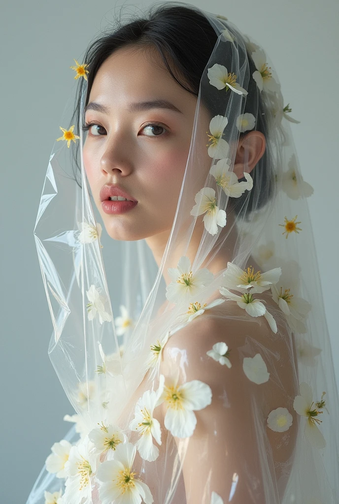 Hyper-realistic photo of a professional model with pale skin posing for a fashion photoshoot. She is entirely wrapped in transparent film, with tons of flowers under the film covering her skin. The shot is a mid-body shot.