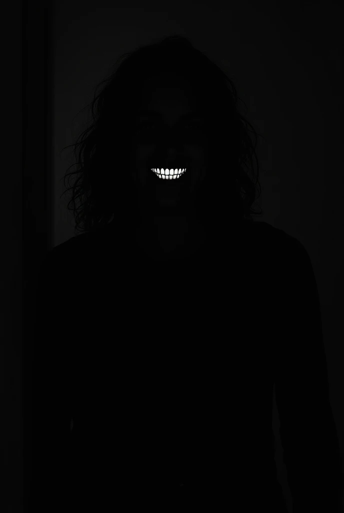 Silhouette picture of anonymous person smiling creepily, body is facing 45°, his head is looking right at you, black background