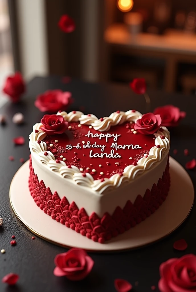 A stunning, high-resolution 3D render of a heart-shaped cake, masterfully blending dark brown and cream tones. The cake is intricately adorned with delicate red andwhite roses, enhancing its refined elegance. The vibrant colors and skillfully designed typography spell out "happy 58th b-day Mama landa" adding a personal and heartfelt touch. The modern, fashionable background showcases a sleek and sophisticated setting, making it the perfect backdrop for a chic and stylish birthday celebration., 3d render, photo, illustration, vibrant, fashionLess