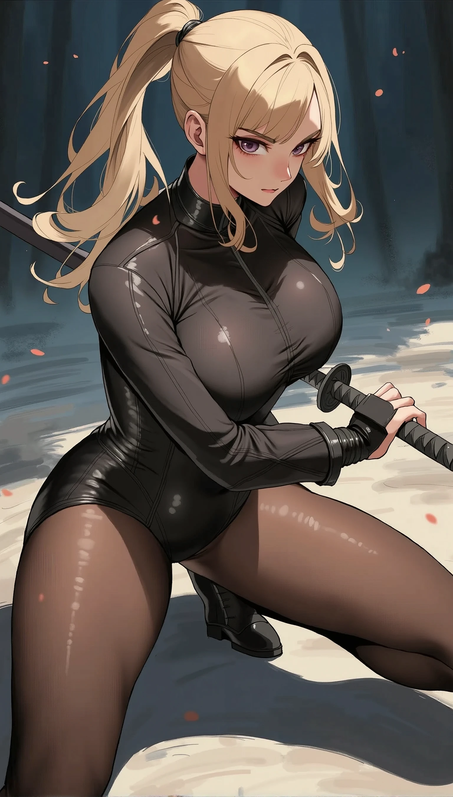 (masterpiece),(Highest quality),(High resolution),(Super detailed),8k,wallpaper,(Best illustrations),(One Woman),(blonde),(ponytail:2.0),(Black high leg bodysuit),(See-through tights),(Combat Boots Boots:2.0),(((Preparing for battle,Holding a Japanese sword:1.6,Draw your sword:1.6,Iai stance:1.6,Black sheath:1.6))),((Look here:1.6)),(Serious:1.6),(darkness:1.6),(Beautiful Face,Beautiful Skin,Big Breasts,Thick thighs,Functional,Voluptuous),(Beautiful female hands:1.6),(Detailed hands:1.6),dynamic