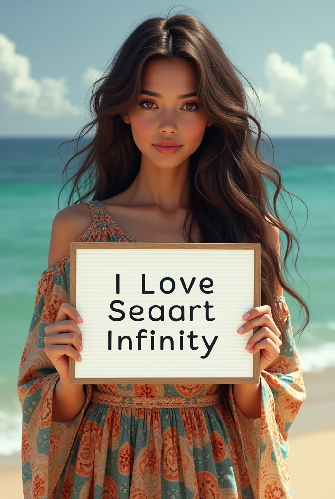 Beautiful girl with wavy long hair, bohemian dress, holding a white board with text "I Love Seaart Infinity" and showing it to the viewer