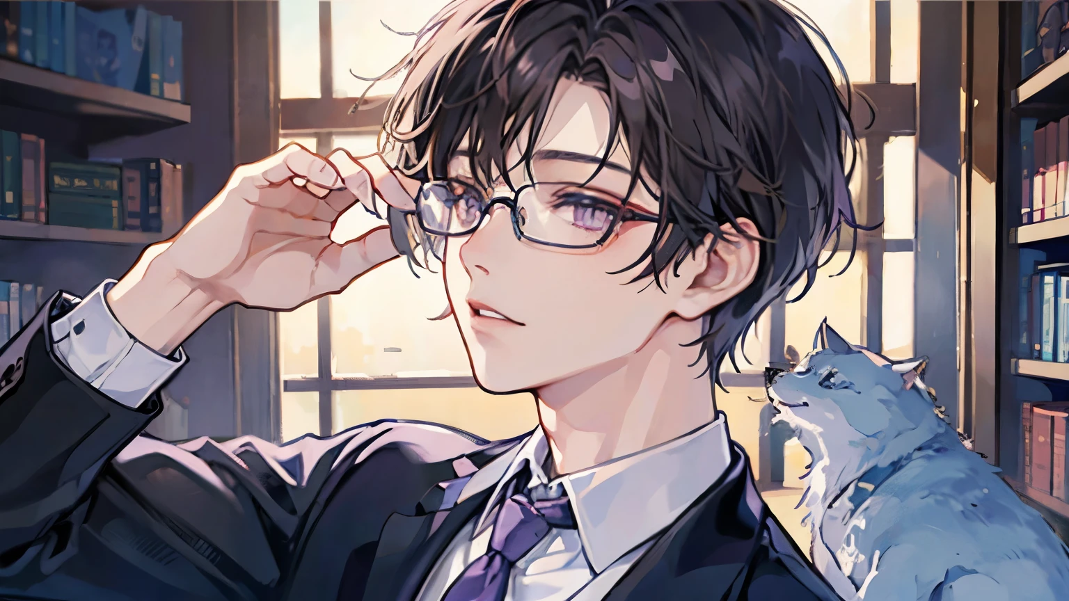 One Man、Rin々Shii、Dark Brown Hair、Short Hair、Purple Eyes、In a suit、Blue tie、The right eye is hidden by bangs、Glasses、Bright library、study