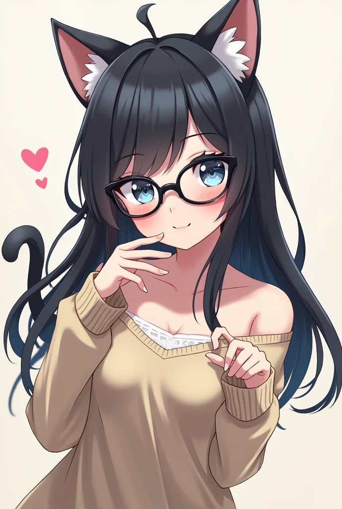 Long Black Hair、Cute eyes blue、Black Glasses、With cat ears、Draw a girl doing a cat pose