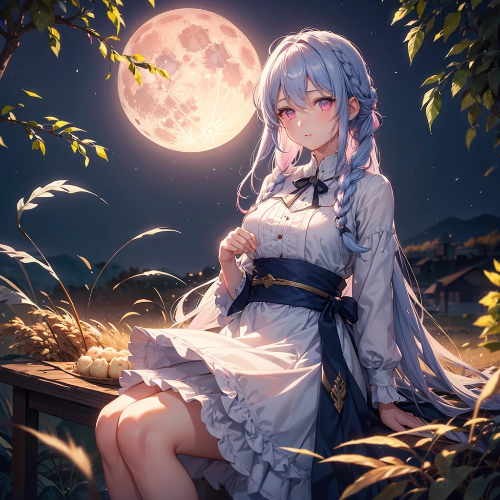 (Sky blue braided medium length hair), (Pink eyes),(Fair skin) ,(whole body),(One Girl),(harvest moon),(A large amount of Miscanthus sinensis in the background),(full moon),(masterpiece, Highest quality, Very detailed, Best Shadow), (Detailed Background), (Beautifully detailed face), High Contrast, (Best lighting, Very delicate and beautiful), ((Cinematic Light)), Hyper Detail,8k, Dramatic Light, Intricate details,(sitting down to eat rice dumplings)