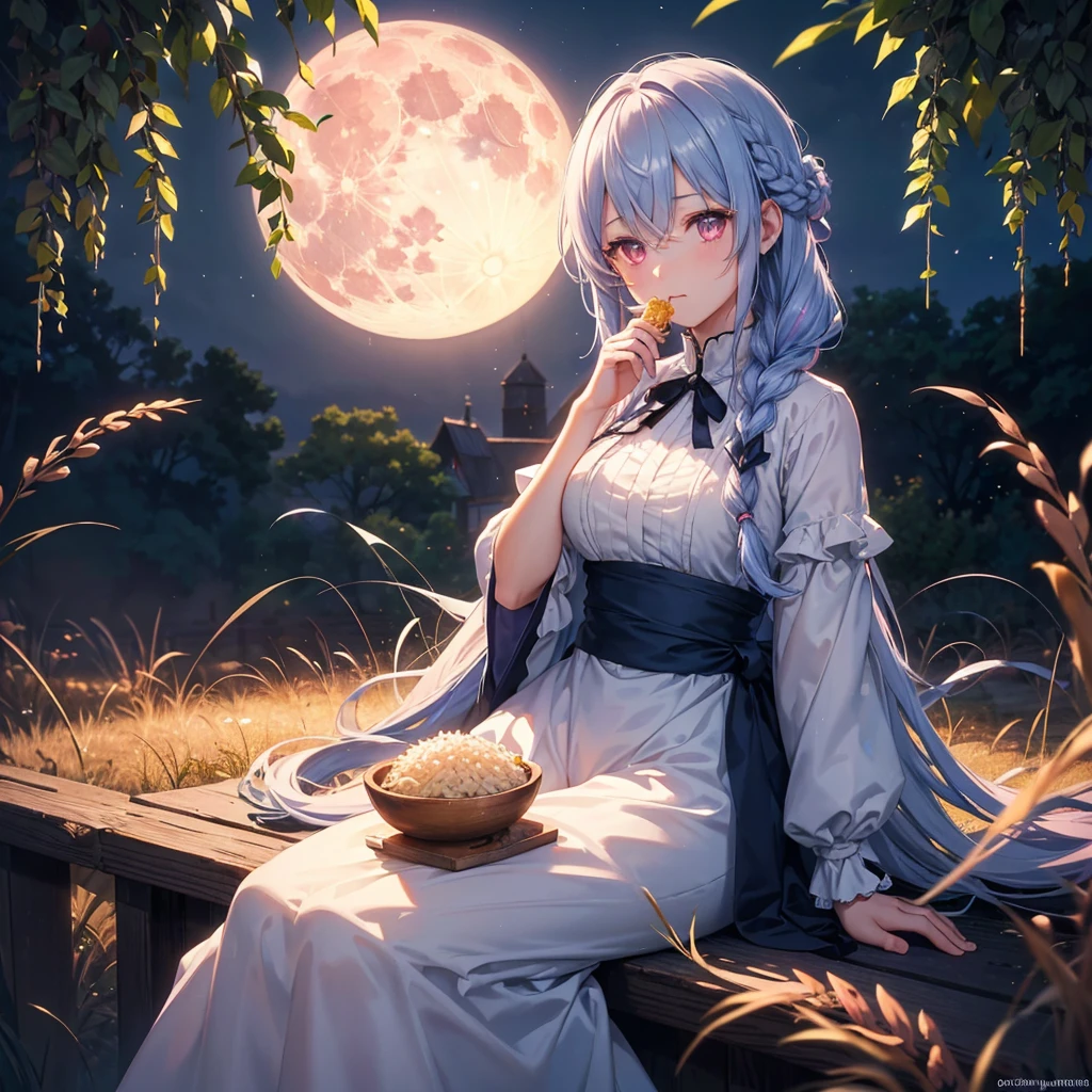 (Sky blue braided medium length hair), (Pink eyes),(Fair skin)  ,(whole body),(One Girl),(harvest moon),(A large amount of Miscanthus sinensis in the background),(full moon),(masterpiece, Highest quality, Very detailed, Best Shadow), (Detailed Background), (Beautifully detailed face), High Contrast, (Best lighting, Very delicate and beautiful), ((Cinematic Light)), Hyper Detail,8k, Dramatic Light, Intricate details,(sitting down to eat rice dumplings)