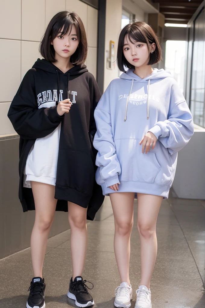 Two high school sisters wearing oversized knit hoodies as dresses。Smooth Bob Hair。Plump thighs。