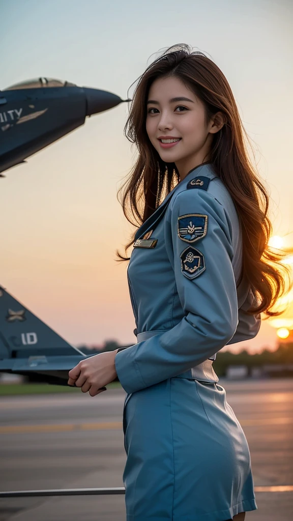 (highest quality, 8K, 32k, masterpiece, uhd:1.2), (realistic:1.5), (masterpiece, Highly detailed CG Unity 8K wallpaper, highest quality, High resolution:1.2), (Super detailed, uhd:1.2), Photo of extremely cute and beautiful Japanese woman, (Long wavy chestnut hair:1.2), adult, (detailed beautiful girl:1.4), highest quality, woman, adult, (Detailed US Air Force Pilot Uniform:1.5), (High waist pencil micro skirt:1.0), (Beautiful sunset us air force base runway view background:1.2), (mig 29、F-22、air force plane)laugh shyly:1, looking at the sky, towards the audience, ((Perfect woman&#sexy body)), (tight waist:1.40), (Image of the whole body), thin, abs, beautiful body, big ass and big breast, (big breasts:3.25)(big ass 3.55),assemble the head, wind, dynamic pose, cinematic light, Backlight, fine clothes, perfect anatomy, perfect proportions, detailed human body, Stylish model in sexy bent over One of her hands was holding her hair, pose,nude nsfw,soft expression、smile、Sexy slit thighs and beautiful legs、A sneak peek of abs、A glimpse of her no underwear , underwear is on, Sexy style , sexy pose, sexy body, upper body,