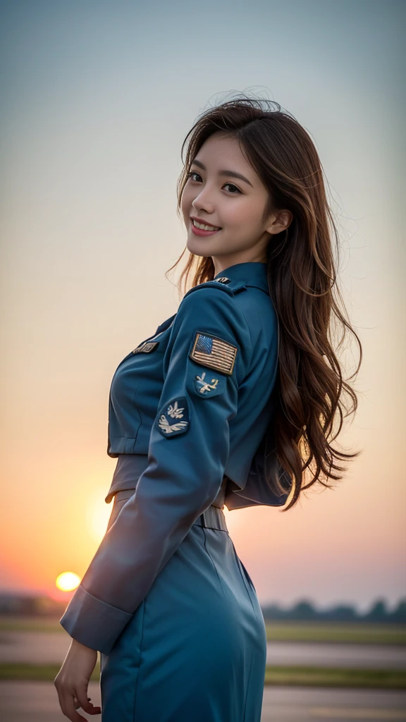 (highest quality, 8K, 32k, masterpiece, uhd:1.2), (realistic:1.5), (masterpiece, Highly detailed CG Unity 8K wallpaper, highest quality, High resolution:1.2), (Super detailed, uhd:1.2), Photo of extremely cute and beautiful Japanese woman, (Long wavy chestnut hair:1.2), adult, (detailed beautiful girl:1.4), highest quality, woman, adult, (Detailed US Air Force Pilot Uniform:1.5), (High waist pencil micro skirt:1.0), (Beautiful sunset us air force base runway view background:1.2), (mig 29、F-22、air force plane)laugh shyly:1, looking at the sky, towards the audience, ((Perfect woman&#sexy body)), (tight waist:1.40), (Image of the whole body), thin, abs, beautiful body, big ass and big breast, (big breasts:3.25)(big ass 3.55),assemble the head, wind, dynamic pose, cinematic light, Backlight, fine clothes, perfect anatomy, perfect proportions, detailed human body, Stylish model in sexy bent over One of her hands was holding her hair, pose,nude nsfw,soft expression、smile、Sexy slit thighs and beautiful legs、A sneak peek of abs、A glimpse of her no underwear , underwear is on, Sexy style , sexy pose, sexy body, upper body,