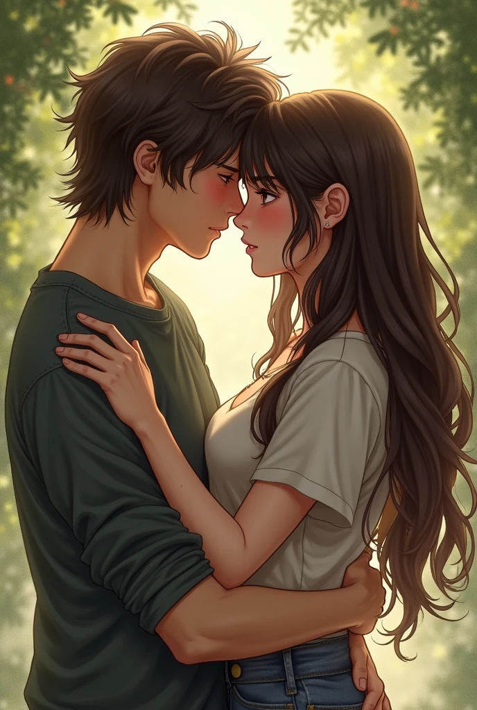 a girl with really short, dark brown hair. which is not longer than the beginning of her neck. she has a rebellious vibe. she’s kissing with a cute, sweet, beautiful boy, who has brown and very long straight hair. they are in love. make it look like a realistic drawing 