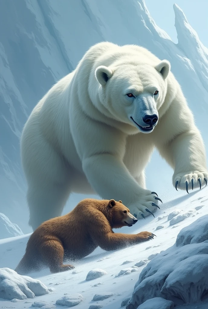 Size:
1024×1024
Prompt: A dramatic scene of a polar bear defeating a brown bear in a snowy landscape. The polar bear stands victorious, with the defeated brown bear in the background. The scene is detailed with snow, ice, and the polar bear's powerful stance