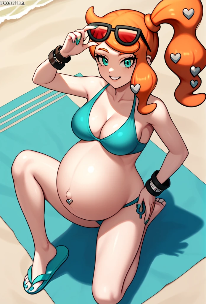 score_9, score_7_up BREAK solo,EPpkSonia,orange hair, side ponytail, aqua eyes, long hair, eyewear on head, sunglasses, heart hair ornament, aqua bikini, pregnant , big belly, Belly button piercing, cleavage, bracelet, collarbone, blue panties, nail polish, aqua nails, aqua toenails, beach, happy, White flip flops, aqua toenails, Posing