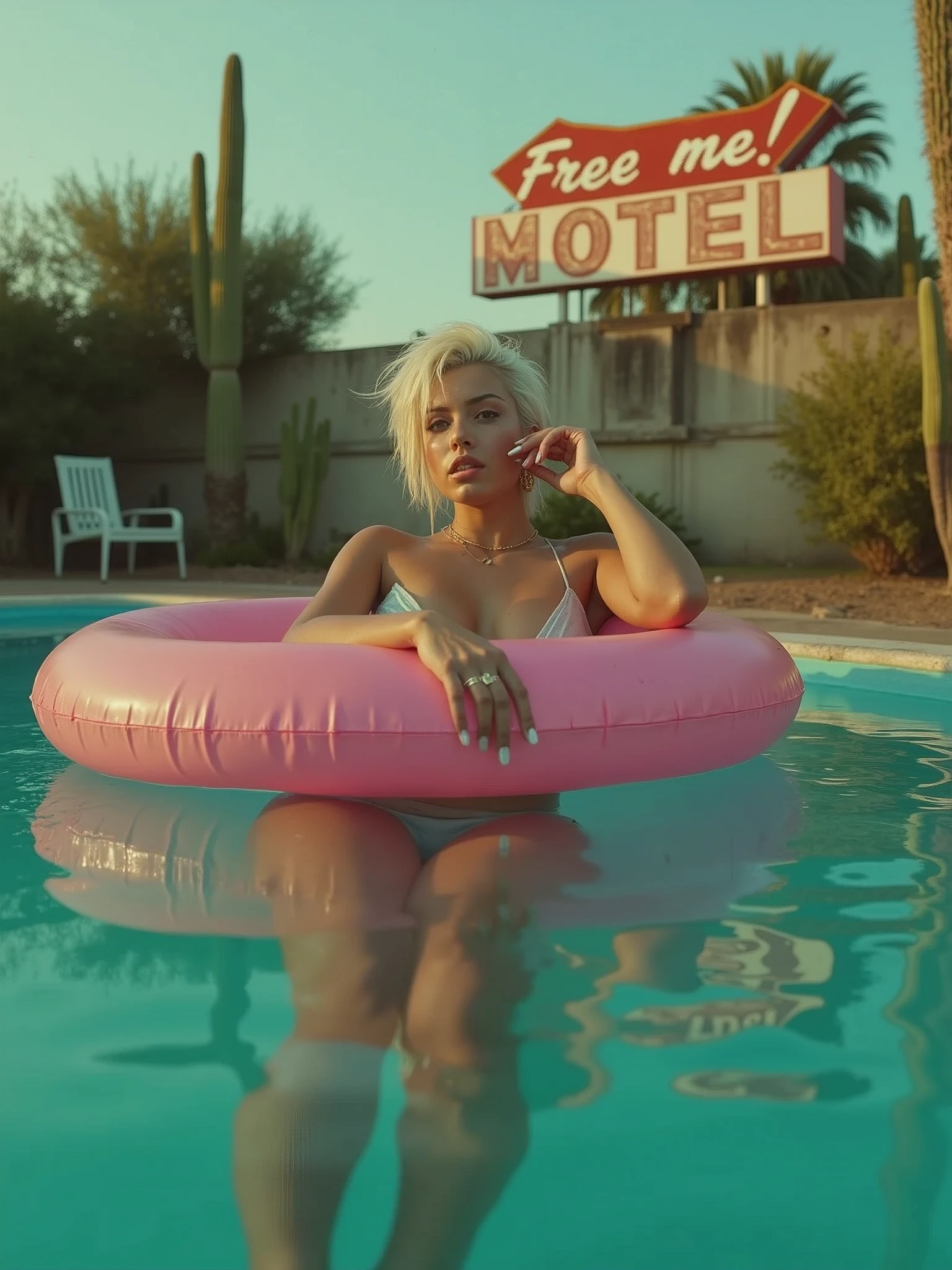 8k, raw documentary cinematic, dramatic Analog raw pro, A split-level shot captures a 24-year-old wet busty bimbo beauty with white punk hair, lounging on a pink pool float. Half-submerged lens reveals her ultra-slim deformed by water figure in a bikini, cigarette in hand. The dilapidated Mexican motel pool, surrounded by cacti, exudes eerie charm. A weathered sign pleads "Free me!" Golden hour light bathes the scene, highlighting hyper-realistic details: dust motel