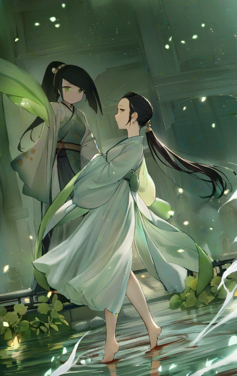 1 woman in a green dress is walking in the pool of blood, from girls frontline, fine details. girls frontline universe, girls frontline style, girls frontline cg,  kantai collection style, by Akihiko Yoshida, yayoi kasuma, female protagonist 👀 :8, (ponytail forehead hair pulled back:1.3), (black hair:1.3), flowing magical robe, flowing robes, pastel green, very ethereal, a stunning young ethereal figure, floating robes, with acient chinese clothes, hanfu, wearing flowing robes, inspired by Tang Yifen, palace ， a girl in hanfu, flowing dress, ethereal!!!!!!!, inspired by Zhang Yan