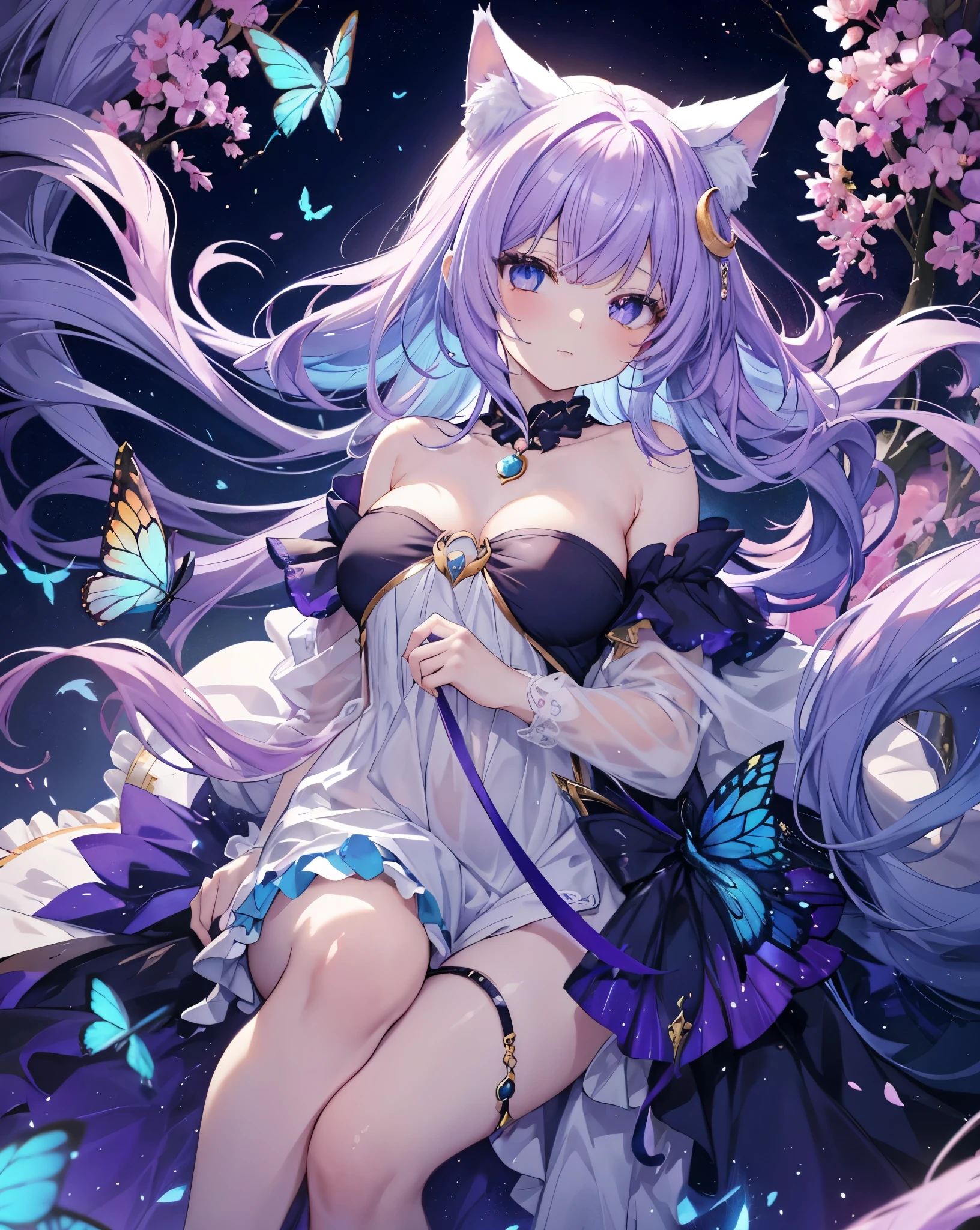 Anime-style of seraphina, the Dream Keeper. She is a cat girl with neko ears, with ethereal blue hair with golden highlights, reminiscent of twilight. Her eyes are a deep, intense blue, like the morning sky. She wears a light, flowing lavender dress with golden star-like details. Her cat ears are purple with golden tips, and she has a crescent moon pendant around her neck. Seraphina is surrounded by rainbow glowing butterflies that follow her wherever she goes. The background is a dreamy, surreal scenery landscape with soft, pastel colors, evoking a sense of tranquility and magic. Bare shoulders, bare feet