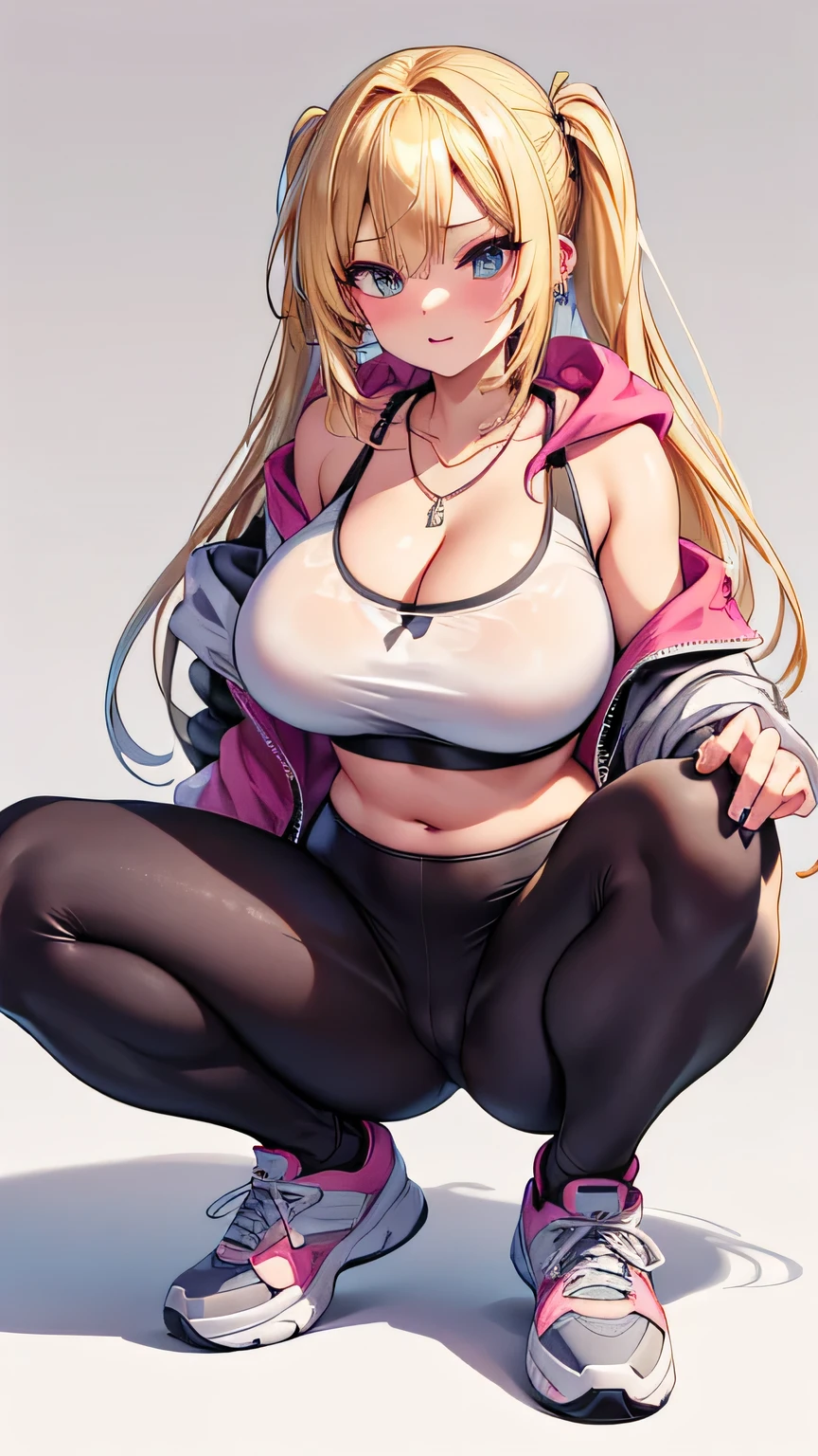 High detailed, 4k quality, stunning young girl, blonde hair, random hairstyle, necklace and piercing, wearing erotic Athleisure Set: Leggings with a matching sports bra and oversized hoodie, plus slip-on sneakers, perfect breast, long cleavage, curvy body, playful expression, random background