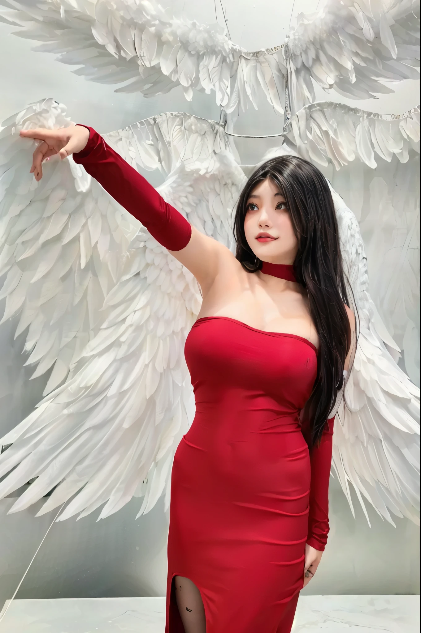 araffe Chinese young girl in a red dress with white wings on her back, an angel, winged human, epic angle and pose, angel-themed, villainess has black angel wings, publicity cosplay, super wide angel, professional cosplay, irelia from league of legends, tall female angel, rin tohsaka, epic angel wings, full - body majestic angel, nice boobs, nice body, ((real black hair))