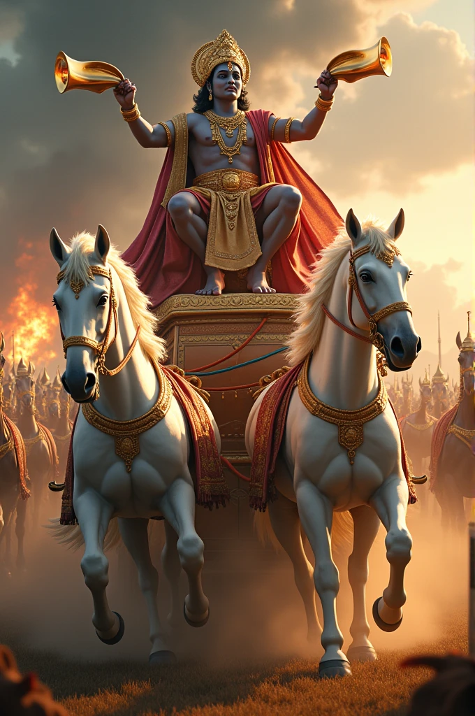 Show Krishna and Arjuna in a majestic chariot drawn by white horses, each blowing a conch shell. The scene should focus on their grand chariot and the powerful sound of the conch shells, with a dynamic battlefield background.