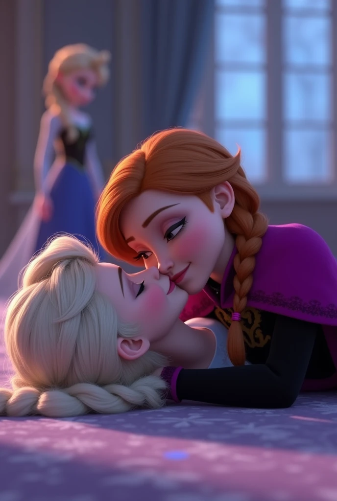 Elsa is laying on top of Anna, they are kissing, they are laying on the floor of a ballroom, closed eyes, frozen Disney Pixar art style, amazing detail, depth of field, flawless image, high quality, 4K.