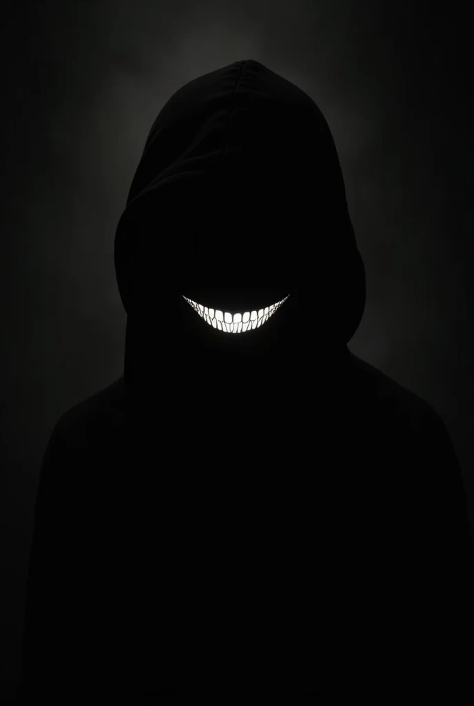 Silhouette picture of anonymous person smiling creepily, body is facing 45°, his head is looking right at you, black background