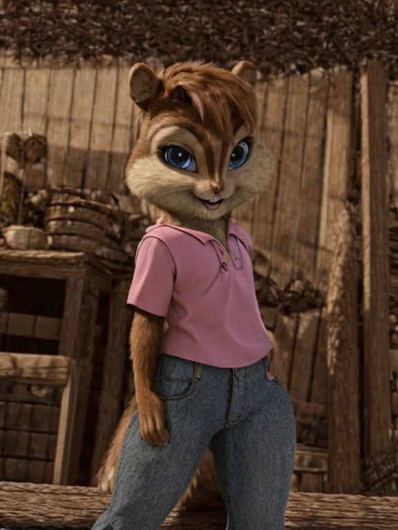 score_9, score_8_up, score_7, score_6, detailed background, brittany miller, chipmunk, furry, short ears, black leather jacket, jeans, light pink shirt, looking at viewer , 6 inches tall,