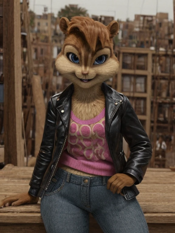 score_9, score_8_up, score_7, score_6, detailed background, brittany miller, chipmunk, furry, short ears, black leather jacket, jeans, light pink shirt, looking at viewer , 6 inches tall,