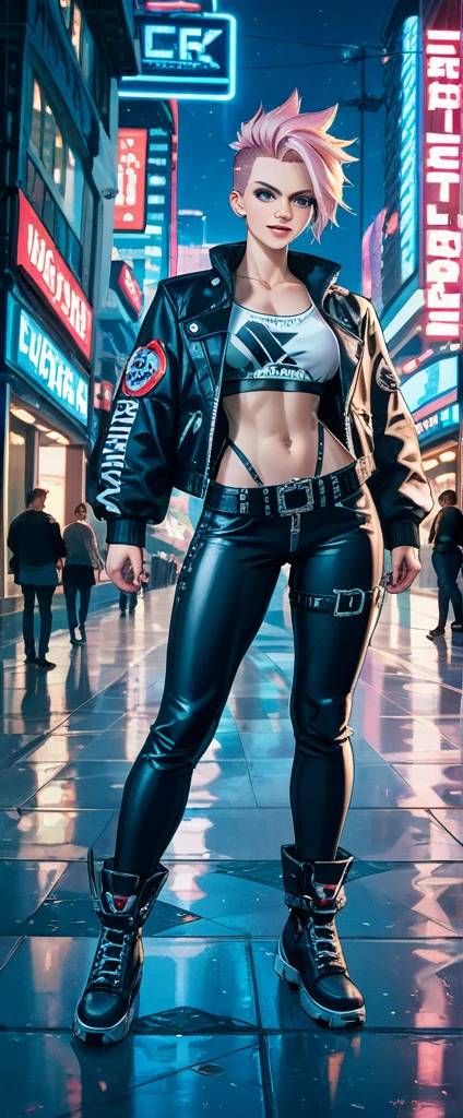 Cyberpunkwoman,blackhairand Whitemesh,cyberpunkcity,nightcity,background,1girl,blackandWhitejacket,higresolution,masterpiece,bestquality,hd,highdetails,Billbackground,smille,anime,wideshot, Distant view
