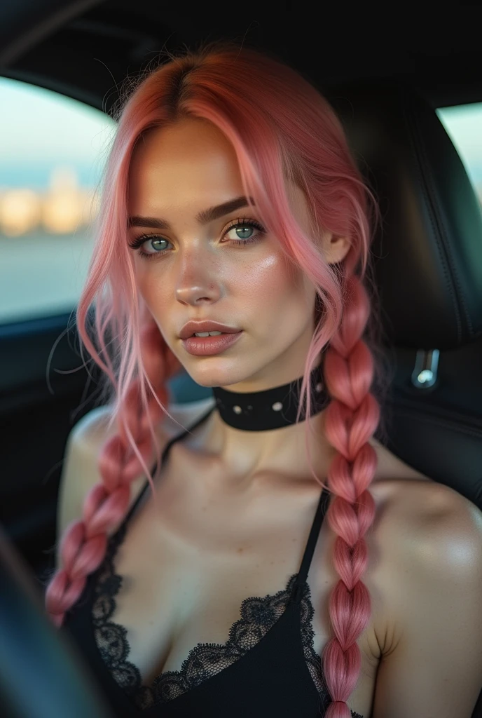(Realisttic:1.2), analog photo style, Beautiful young woman, posing, with freckles and long pink hair braided, (modern ambient atmosphere), soft natural light, cute and sexy, great quality, Masterpiece, detailed strange background, better performance, 16k quality, RAW photo, sexy clothes, sexy choker, black choker, clevage, big tits, big fat tits, round tits, masive tits, giant tits, on the beach, sunny day,