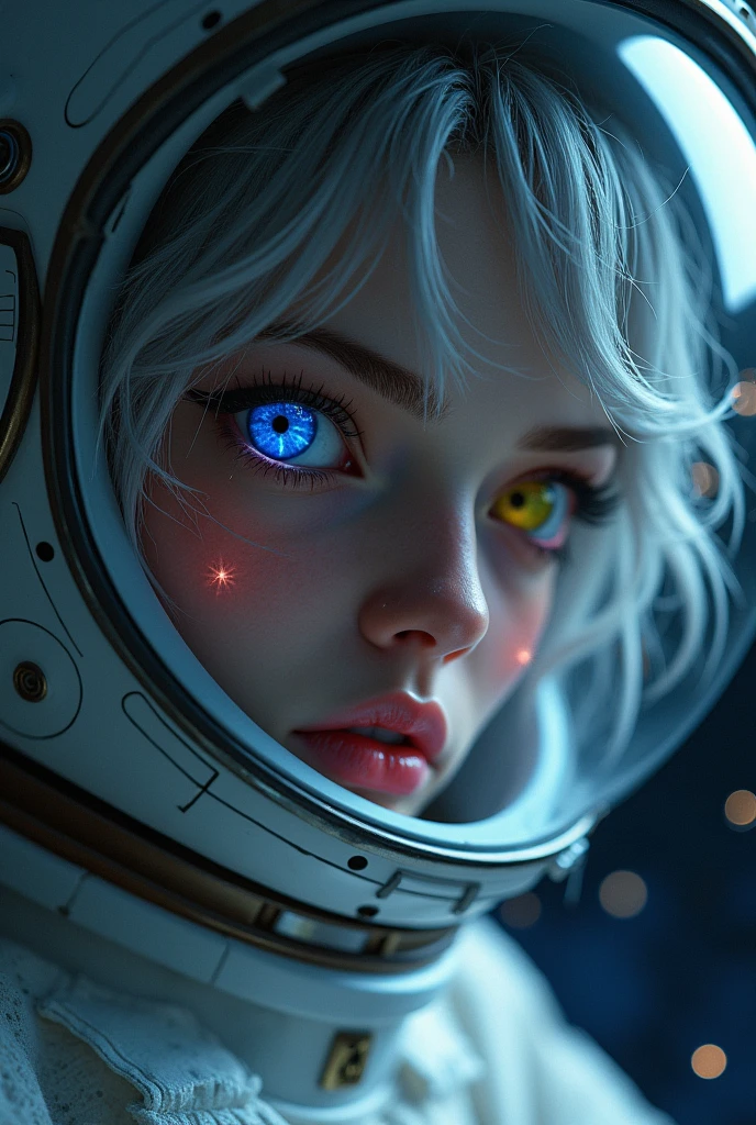 (Close-up of a better masterpiece:1.5)0.9], (Space and astronauts:1.2) (Messy silver hair:1.1) (Heterochromia xanthochromia and blue eyes:1.2) (Space Helmet:1.0) (Colored stars in the eyes:1.0) (A radiant glow:1.1) (thick lips:0.9)big breast and showing nipples
