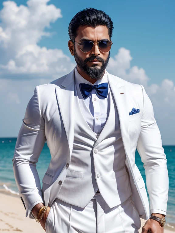 Indian、Movie actor、Idol、Star、male、Large sunglasses、beard、Fancy suits、Pure white shirt、I'm putting it in parentheses、Upper Body、8k、Ultra HD、Detailed depiction、Precision、