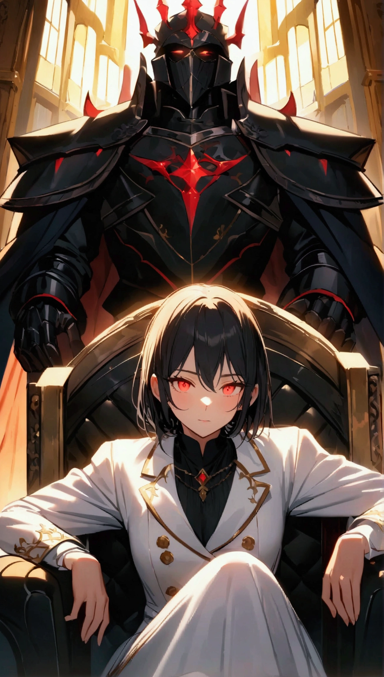 A teenage boy slouching back on the throne with wide  and sitting like a king and with an arrogant attitude he has black hair and red glowing eyes wearing a school uniform and a white blazer with logo and a mature woman wearing a luxurious mediaeval dress stands next to him touching his shoulder as the center piece,  Giant full armoured dead knights surrounds the throne and  raise their giant swords above the throne and connecting, dreamy and ethereal, golden hour,high quality,4k definition,