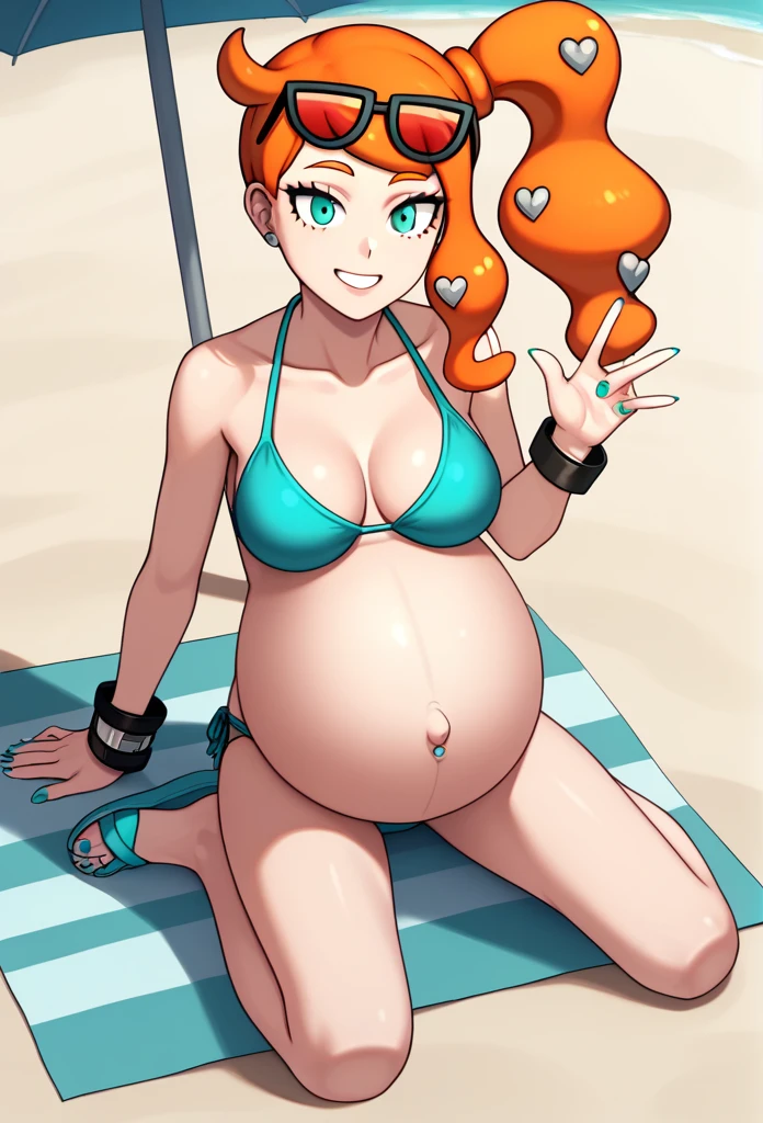 score_9, score_7_up BREAK solo,EPpkSonia,orange hair, side ponytail, aqua eyes, long hair, eyewear on head, sunglasses, heart hair ornament, aqua bikini, pregnant , big belly, Belly button piercing, cleavage, bracelet, collarbone, blue panties, nail polish, aqua nails, aqua toenails, beach, happy, White flip flops, aqua toenails, Posing