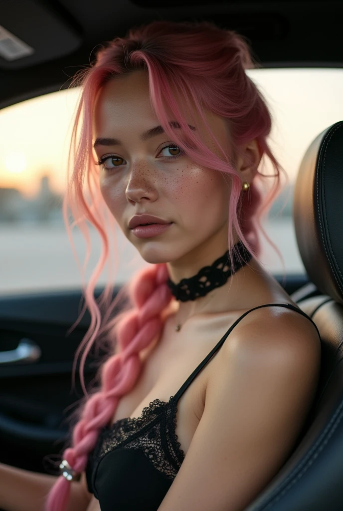 (Realisttic:1.2), analog photo style, Beautiful young woman, posing, with freckles and long pink hair braided, (modern ambient atmosphere), soft natural light, cute and sexy, great quality, Masterpiece, detailed strange background, better performance, 16k quality, RAW photo, sexy clothes, sexy choker, black choker, sitting in a luxury car