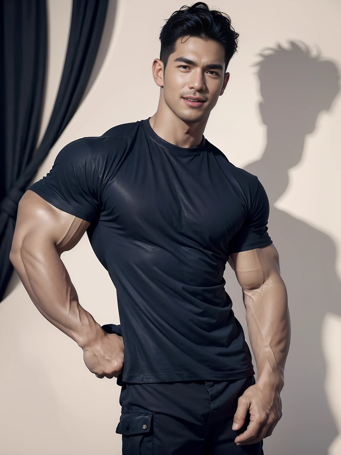 (Create a masterpiece: 1.2),(CGI art:1.3),(realistic:1.5),(After processing:1.3), (Sharp focus:1.3), 1 man, open mouth, smile, (Navy blue round neck t-shirt:1.3), Navy cargo pants, Korean guy , korean men, (High gloss details), chest muscles, large arm muscles, blood vessel, Big muscles, Broad shoulders, looking at the audience, Balancing the eyes, bedroom, Close your eyes.,(open mouth:1.1)