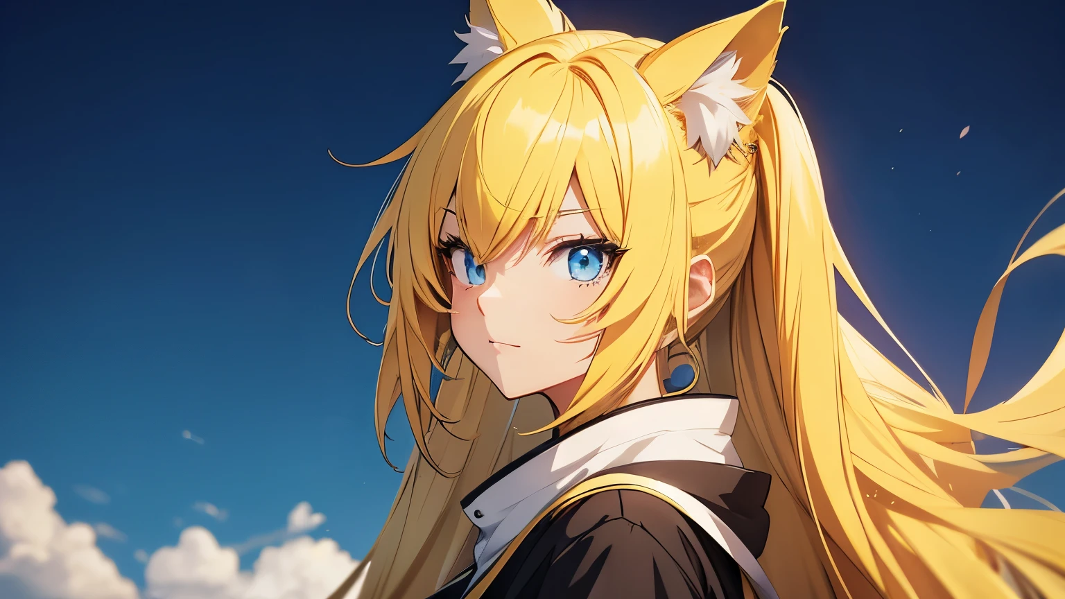 Anime cat girl with long yellow hair and blue eyes, side view