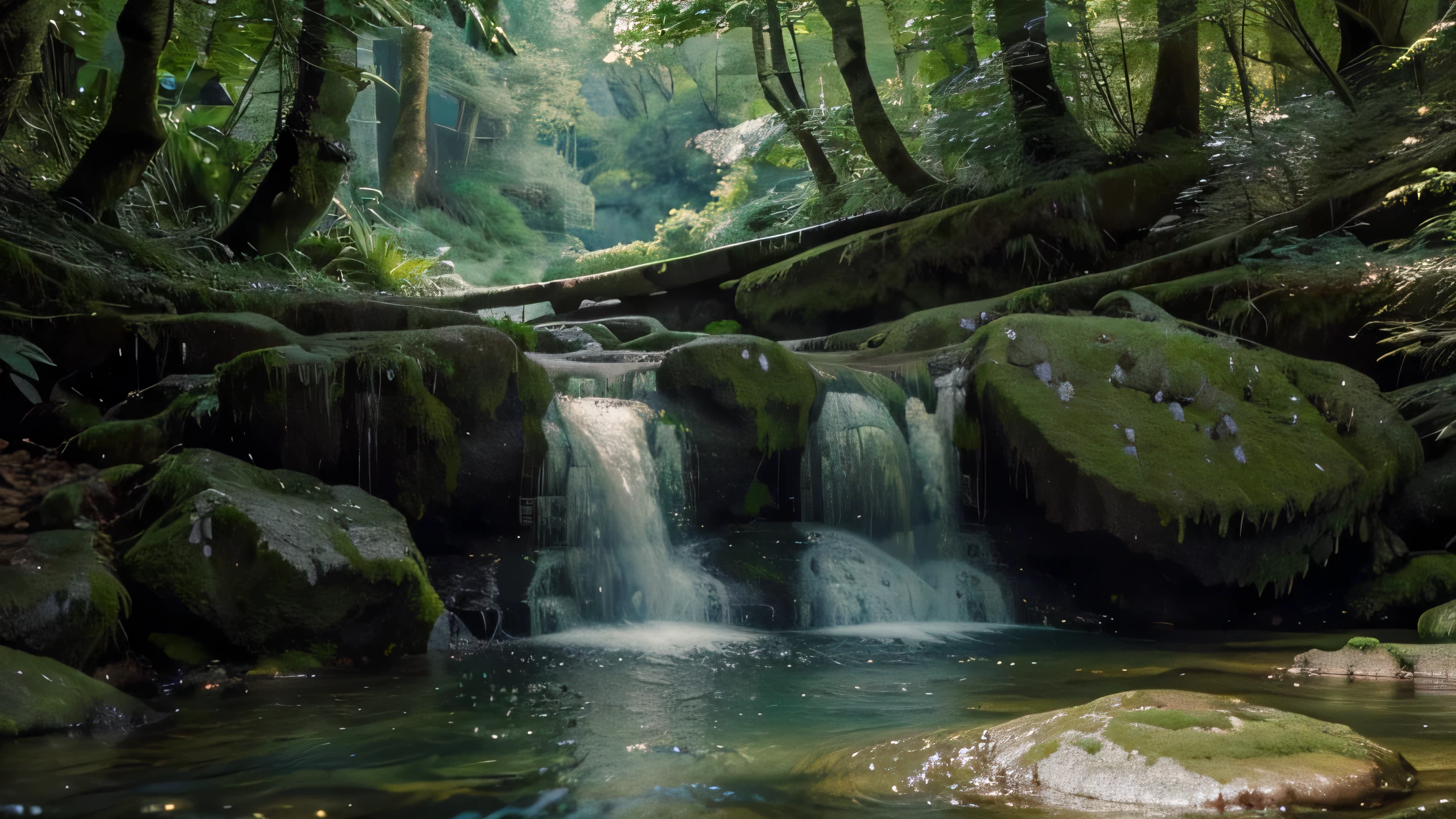 a lush green waterfall,crystal clear water,rock formations,scenic landscape,beautiful nature,serene atmosphere,photorealistic,dramatic lighting,hyperrealistic details,(best quality,4k,8k,highres,masterpiece:1.2),ultra-detailed,(realistic,photorealistic,photo-realistic:1.37),stunning scenery,vibrant colors,detailed textures,natural beauty,tranquil setting