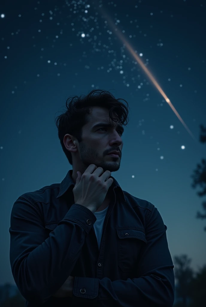 An image of a depressed man with a broken heart who can't stop crying and thinking about his lost love. On a dark night with a lot of stars and a shooting star.